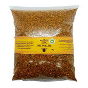 Bag of bee pollen with a label on a white background