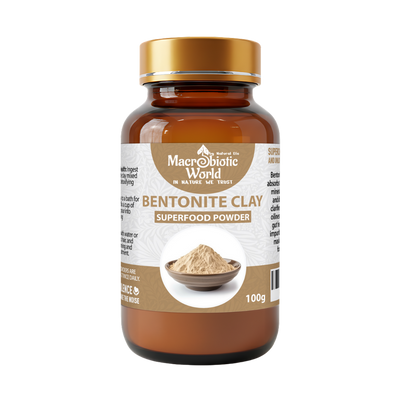 Bottle of Macrobiotic World Bentonite Clay Superfood Powder on a white background