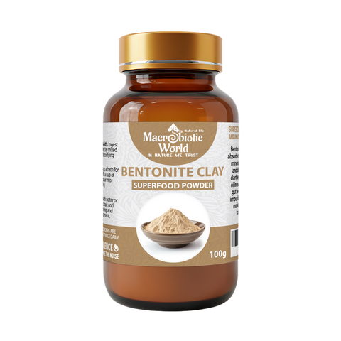 Bottle of Macrobiotic World Bentonite Clay Superfood Powder on a white background