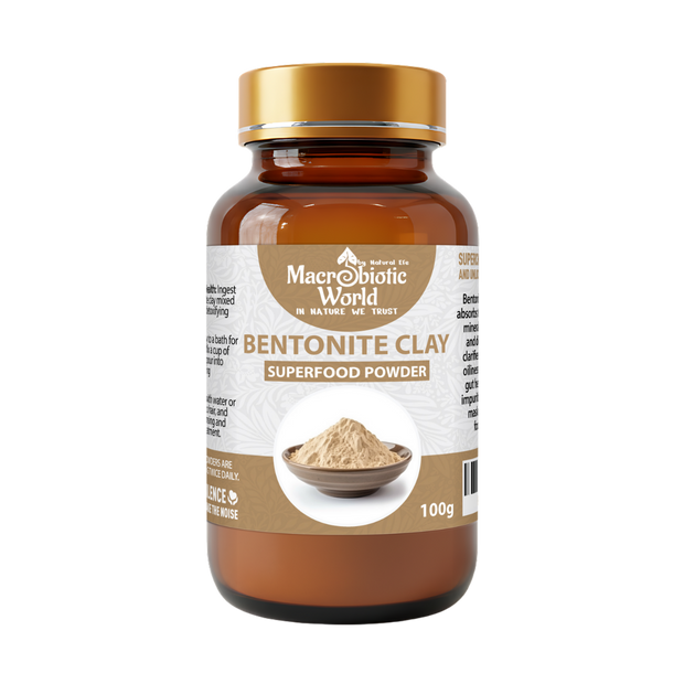 Bottle of Macrobiotic World Bentonite Clay Superfood Powder on a white background