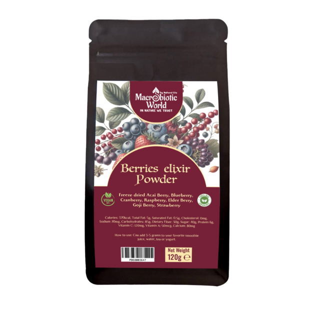 Package of Berries Elixir Powder by Macrobiotic World on a white background
