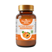Bottle of Macrobiotic World Bitter Apricot Superfood Powder on a white background