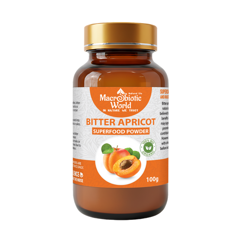 Bottle of Macrobiotic World Bitter Apricot Superfood Powder on a white background