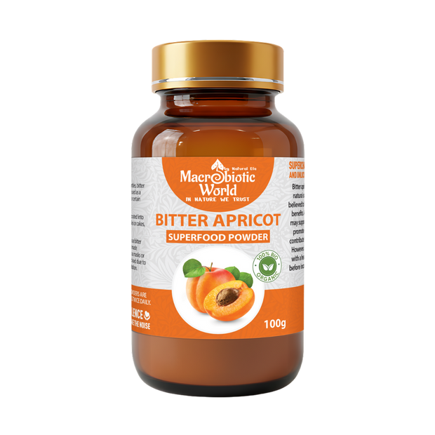 Bottle of Macrobiotic World Bitter Apricot Superfood Powder on a white background