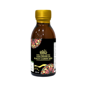 Bottle of black cumin seed oil with a colorful label on a white background