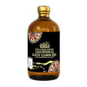 Bottle of black cumin seed oil with a colorful label on a white background