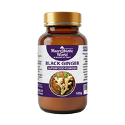 Bottle of Macrobiotic World Black Ginger Superfood Powder on a white background
