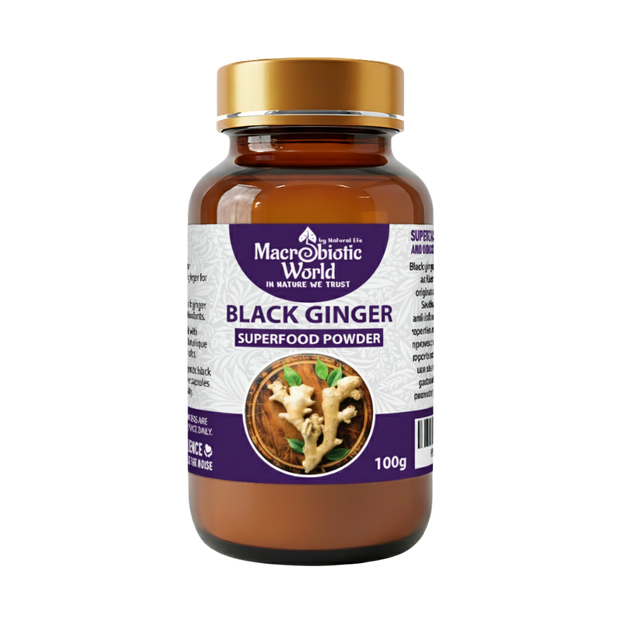 Bottle of Macrobiotic World Black Ginger Superfood Powder on a white background