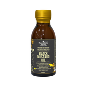 Bottle of black mustard oil with a yellow cap on a white background