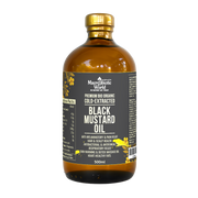 Bottle of Macrobiotic World Black Mustard Oil with a gold cap on a white background