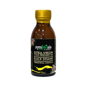 Bottle of Symbiosis Extra-Virgin Cold Pressed Oil Black Sesame on a white background
