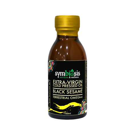 Bottle of Symbiosis Extra-Virgin Cold Pressed Oil Black Sesame on a white background