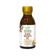 Bottle of black walnuts oil with a yellow cap on a white background