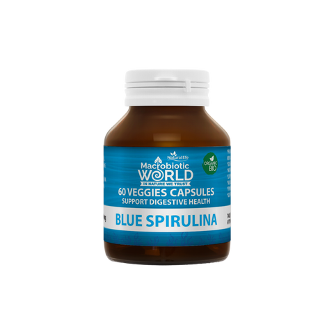 Bottle of Blue Spirulina capsules by Macrobiotic World on a white background