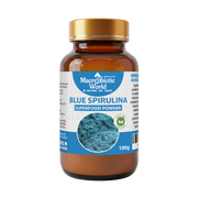 Bottle of Blue Spirulina superfood powder with a gold cap on a white background