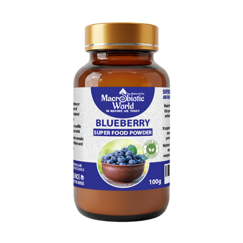 Bottle of Macrobiotic World Blueberry Super Food Powder on a white background