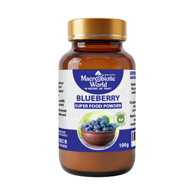 Bottle of Macrobiotic World Blueberry Super Food Powder on a white background