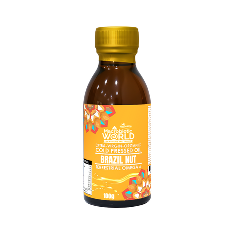 Bottle of Macrobiotic World Brazil Nut oil on a white background