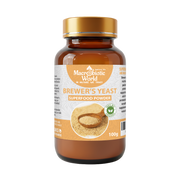 Bottle of Macrobiotic World Brewer's Yeast Superfood Powder on a white background