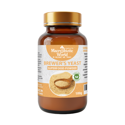 Bottle of Macrobiotic World Brewer's Yeast Superfood Powder on a white background