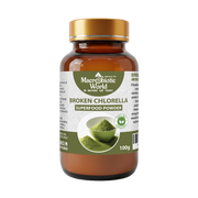 Macrobiotic World Broken Chlorella superfood powder bottle on a white background