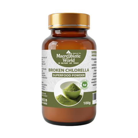 Macrobiotic World Broken Chlorella superfood powder bottle on a white background