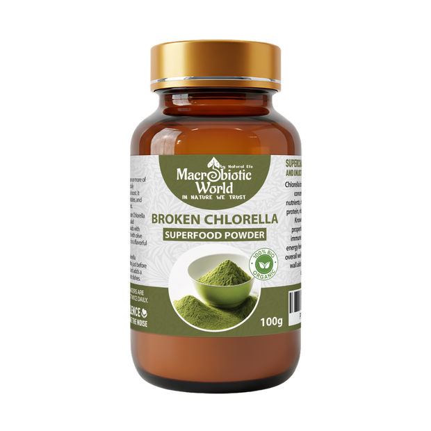 Macrobiotic World Broken Chlorella superfood powder bottle on a white background