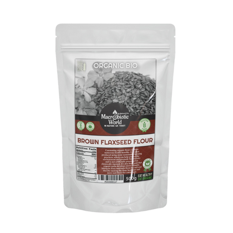 Bag of organic brown flaxseed flour with visible branding on a white background