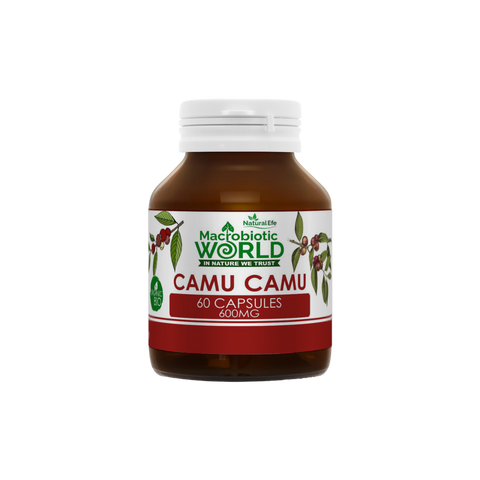 Camu camu supplement bottle with label on a white background
