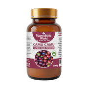 Bottle of Macobiotic World Camu Camu Superfood Powder on a white background