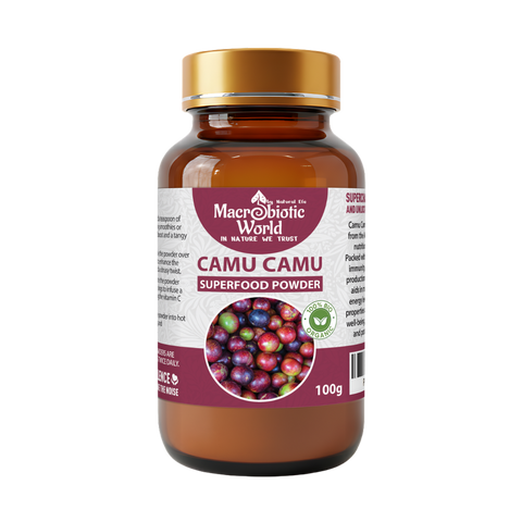 Bottle of Macobiotic World Camu Camu Superfood Powder on a white background