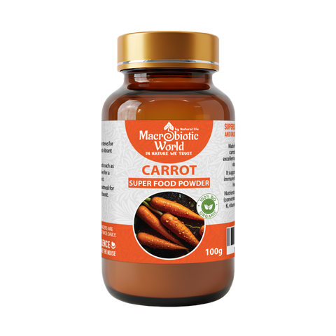 Bottle of Macrobiotic World Carrot Superfood Powder on a white background