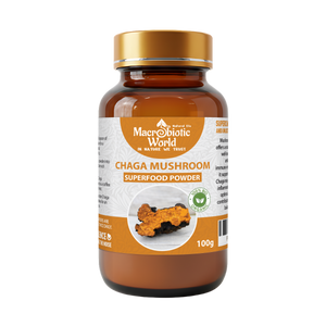 Bottle of Chaga Mushroom superfood powder with a gold cap on a white background