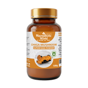 Bottle of Chaga Mushroom superfood powder with a gold cap on a white background