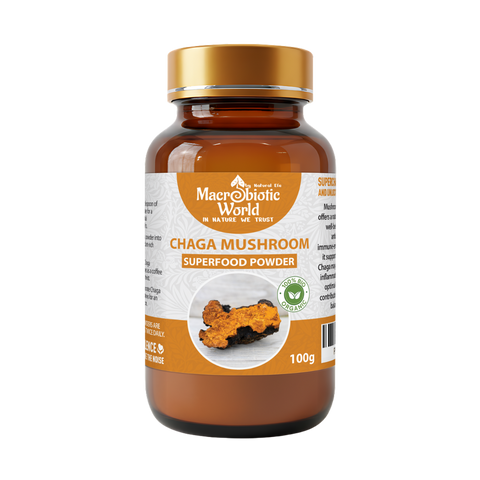 Bottle of Chaga Mushroom superfood powder with a gold cap on a white background