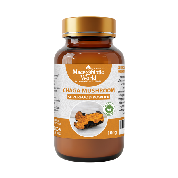 Bottle of Chaga Mushroom superfood powder with a gold cap on a white background