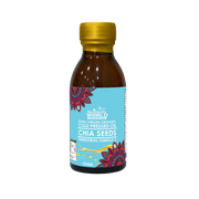 Bottle of chia seed oil with a colorful label on a white background