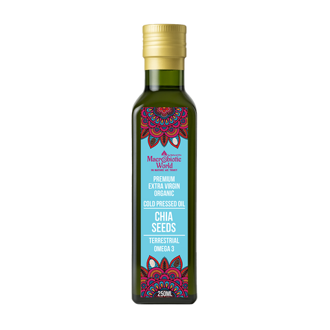 Bottle of chia seed oil with decorative label on a white background