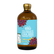 Bottle of chia seeds oil with a colorful label on a white background