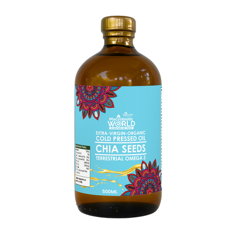 Bottle of chia seeds oil with a colorful label on a white background