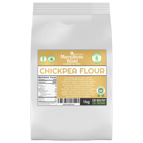 Bag of Macrobiotic World Chickpea Flour with label on a white background