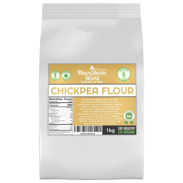 Bag of Macrobiotic World Chickpea Flour with label on a white background