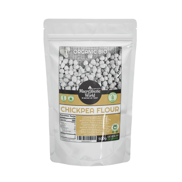 Bag of Macrobiotic World Organic Bio Chickpea Flour on a white background