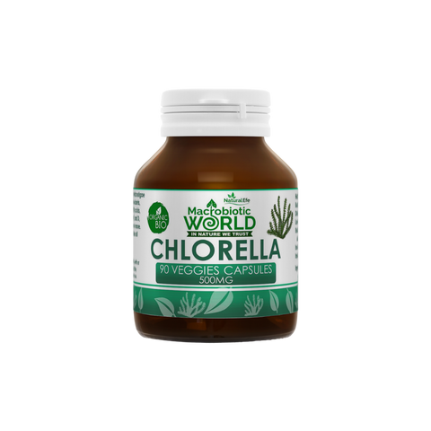 Bottle of Macrobiotic World Chlorella capsules on a white background