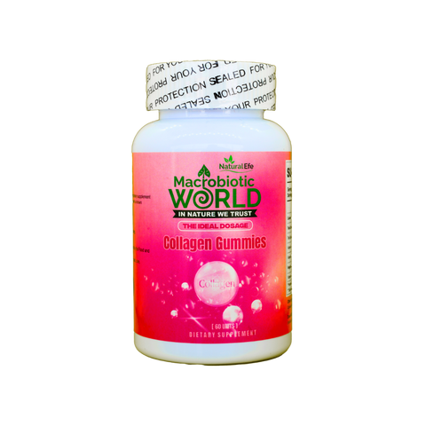 Supplement bottle labeled 'Macrobiotic World Collagen Gummies' on a white background