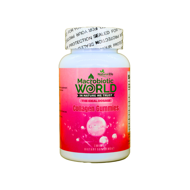 Supplement bottle labeled 'Macrobiotic World Collagen Gummies' on a white background