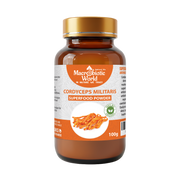 Bottle of Macrobiotic World Cordyceps Militaris superfood powder on a white background