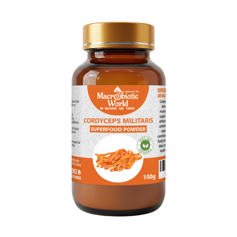 Bottle of Macrobiotic World Cordyceps Militaris superfood powder on a white background