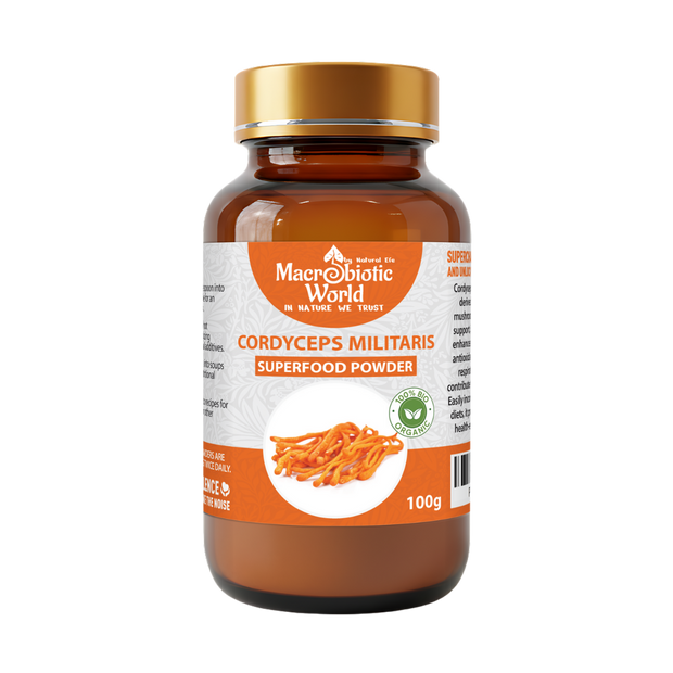 Bottle of Macrobiotic World Cordyceps Militaris superfood powder on a white background