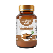 Bottle of Macrobiotic World Cordyceps Sinensis superfood powder on a white background